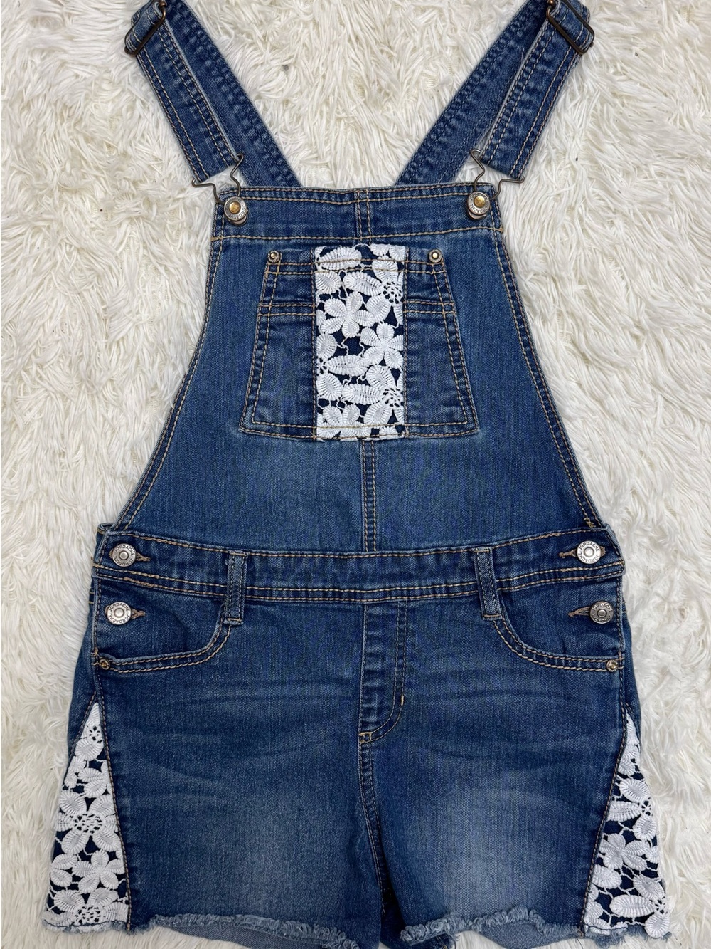 Jordache Blue Denim Lace-Trim Short Overalls